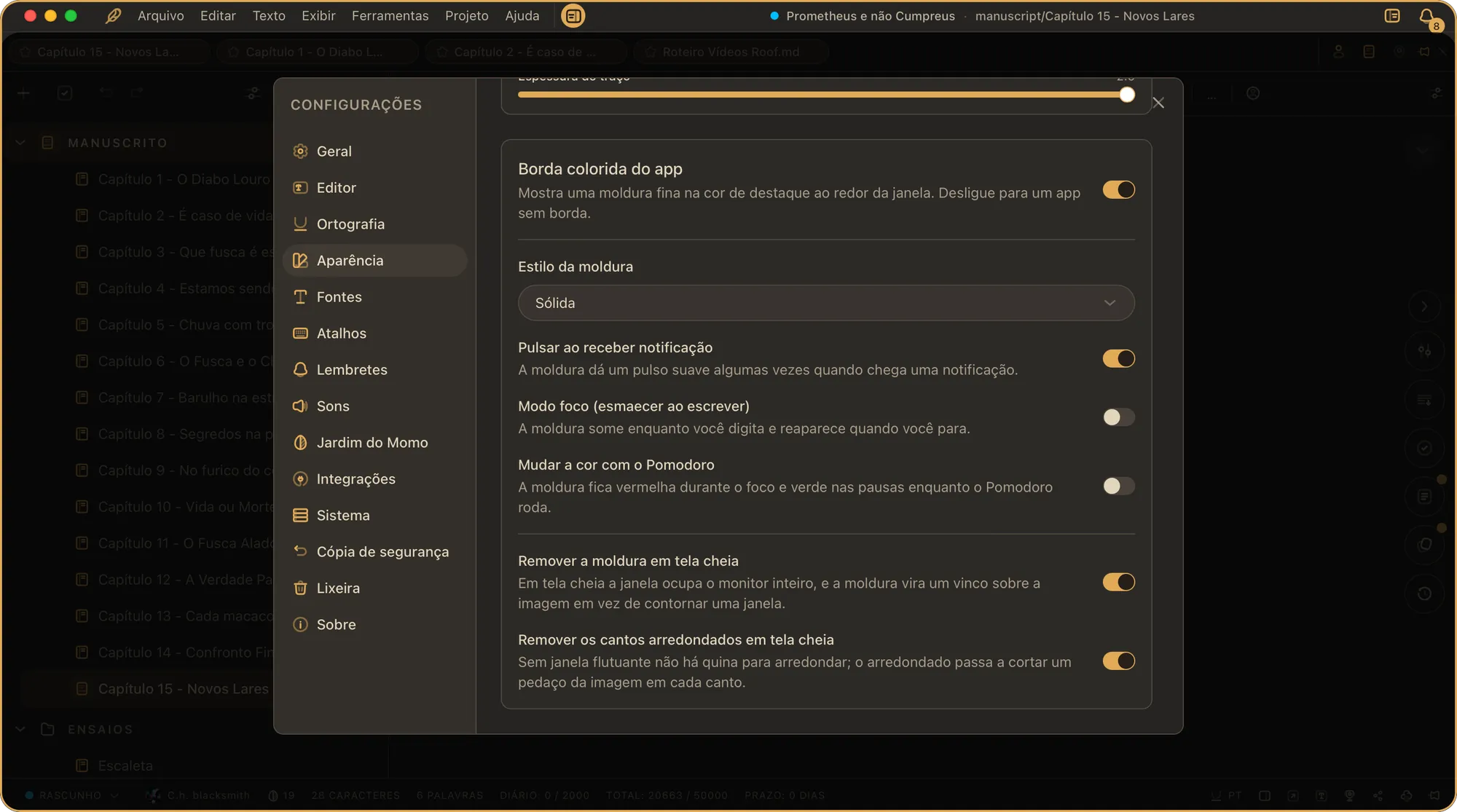 As opções da Borda colorida do app na aba Aparência: o liga/desliga da borda, Estilo da moldura em Sólida, Pulsar ao receber notificação ligado, Modo foco e Mudar a cor com o Pomodoro desligados, e as duas opções de tela cheia ligadas.