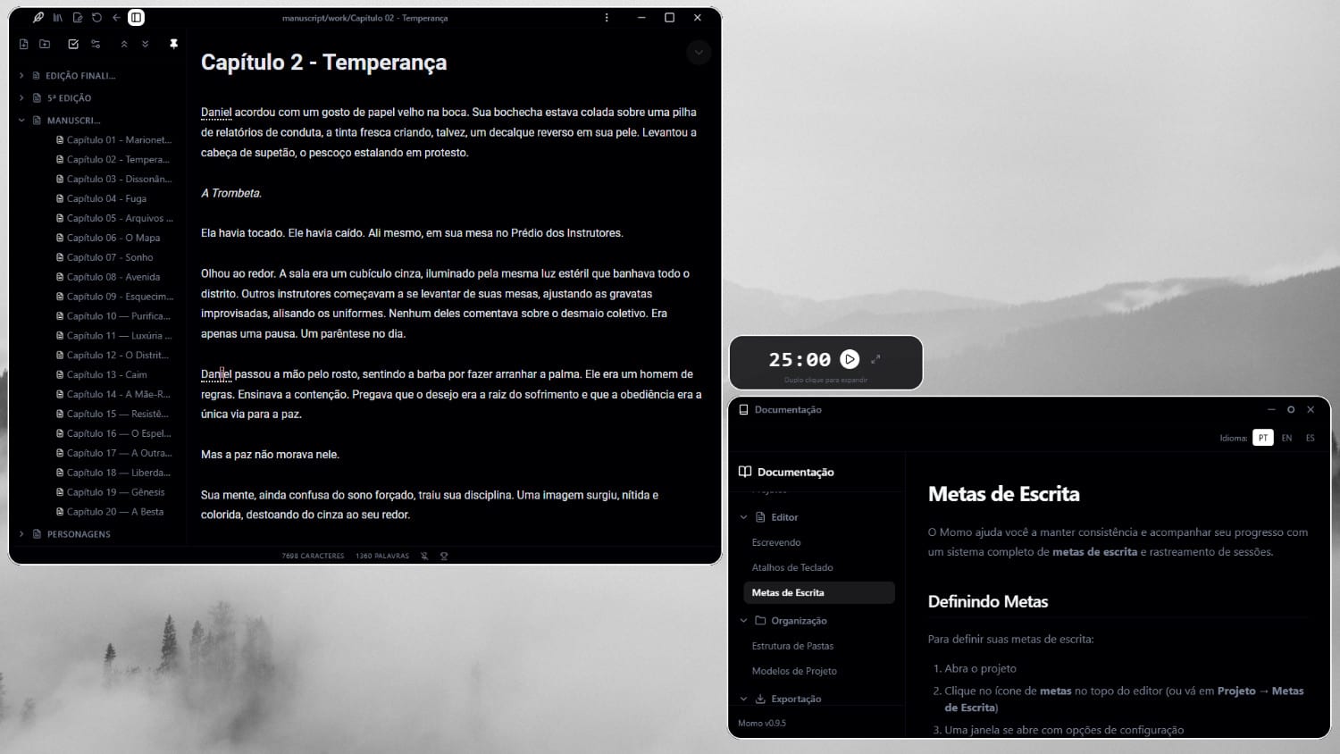 Interface do Momo em tema escuro com editor, navegação de arquivos e painel de escrita.