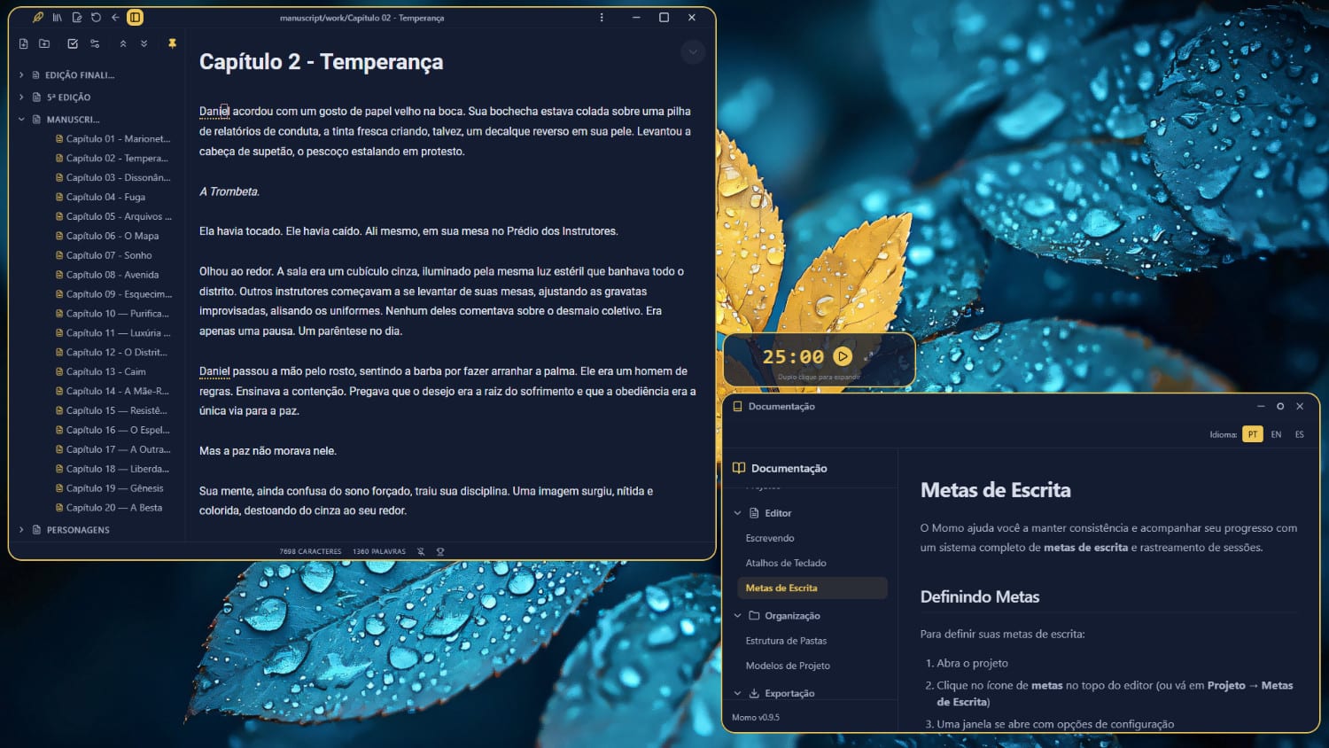 Interface do Momo em tema azul e amarelo com área de escrita e navegação do projeto.