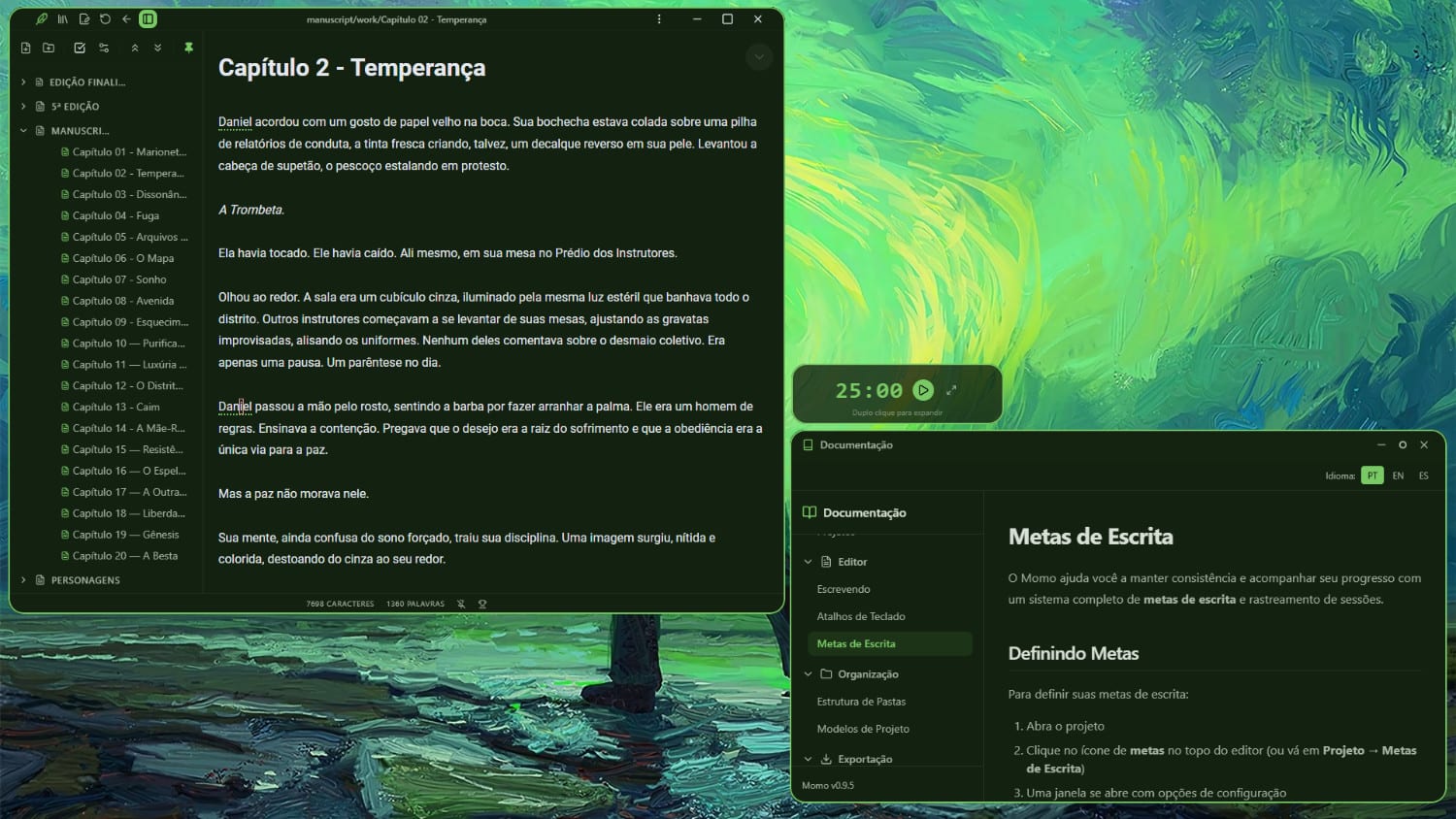 Interface do Momo mostrando organização de projeto e editor em tema verde escuro.