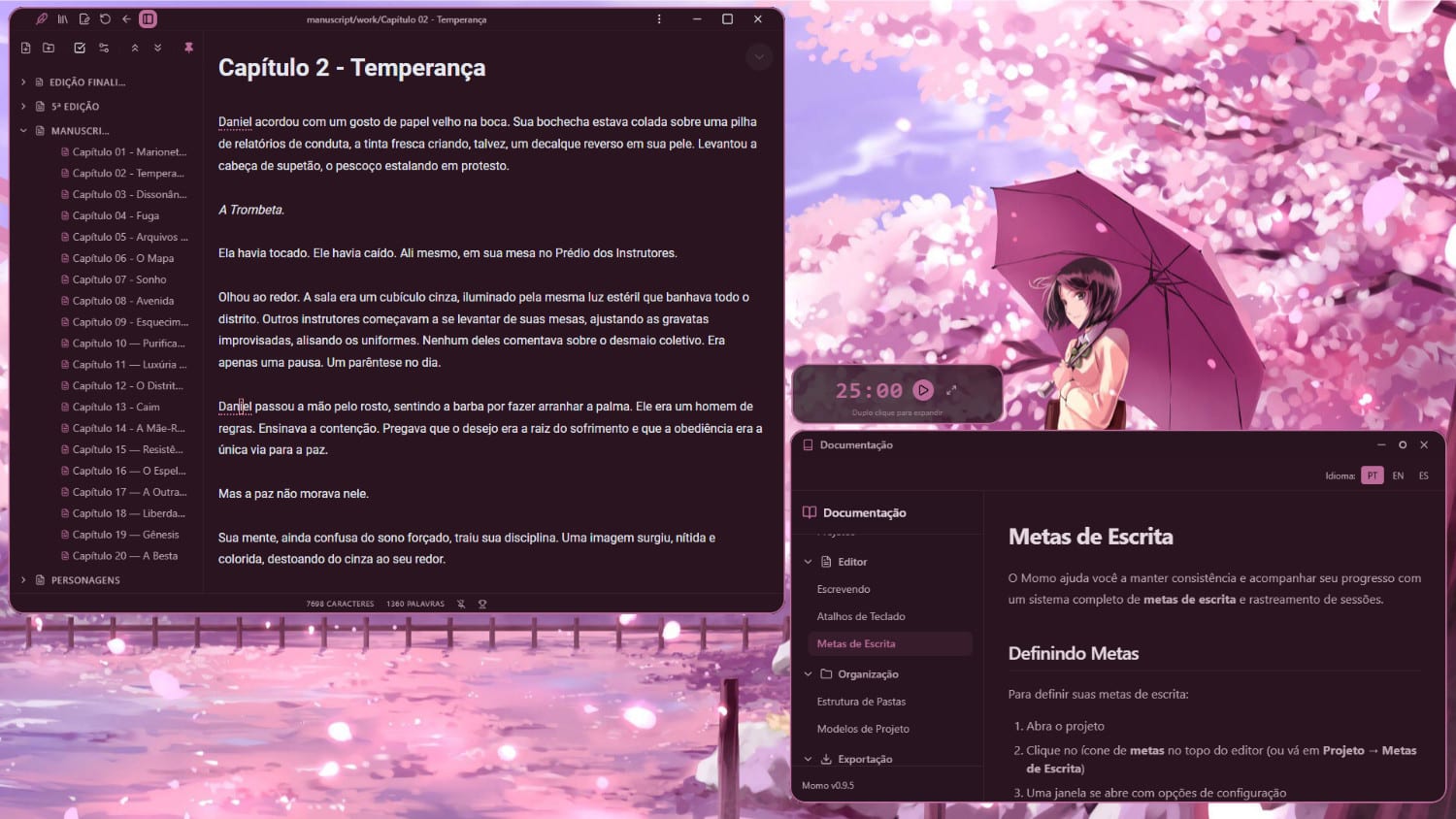 Interface do Momo em tema escuro rosado com editor e navegação lateral.