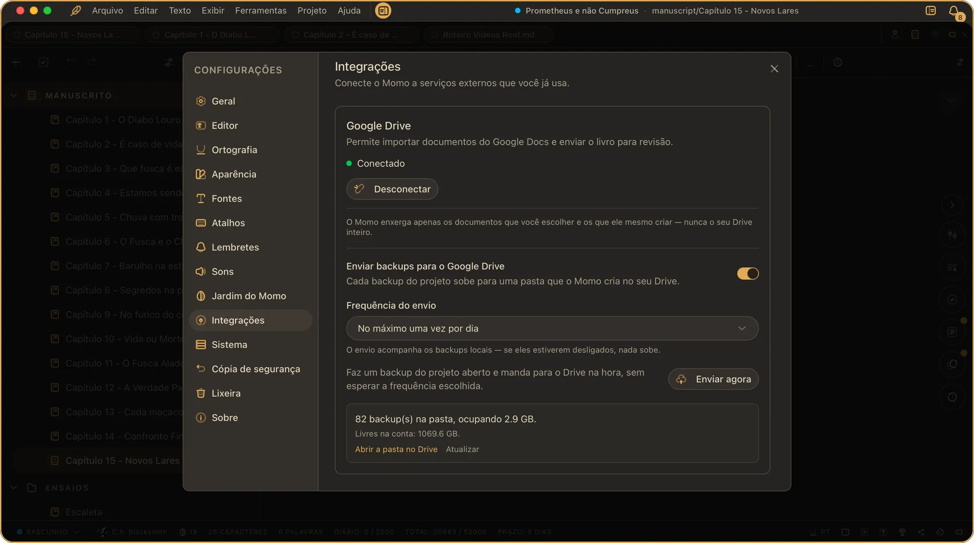 A aba Integrações das Configurações com o Google Drive conectado: Enviar backups para o Google Drive ligado, Frequência do envio em "No máximo uma vez por dia", o botão Enviar agora e o resumo da pasta com 82 backups ocupando 2.9 GB, o espaço livre na conta e os links Abrir a pasta no Drive e Atualizar.