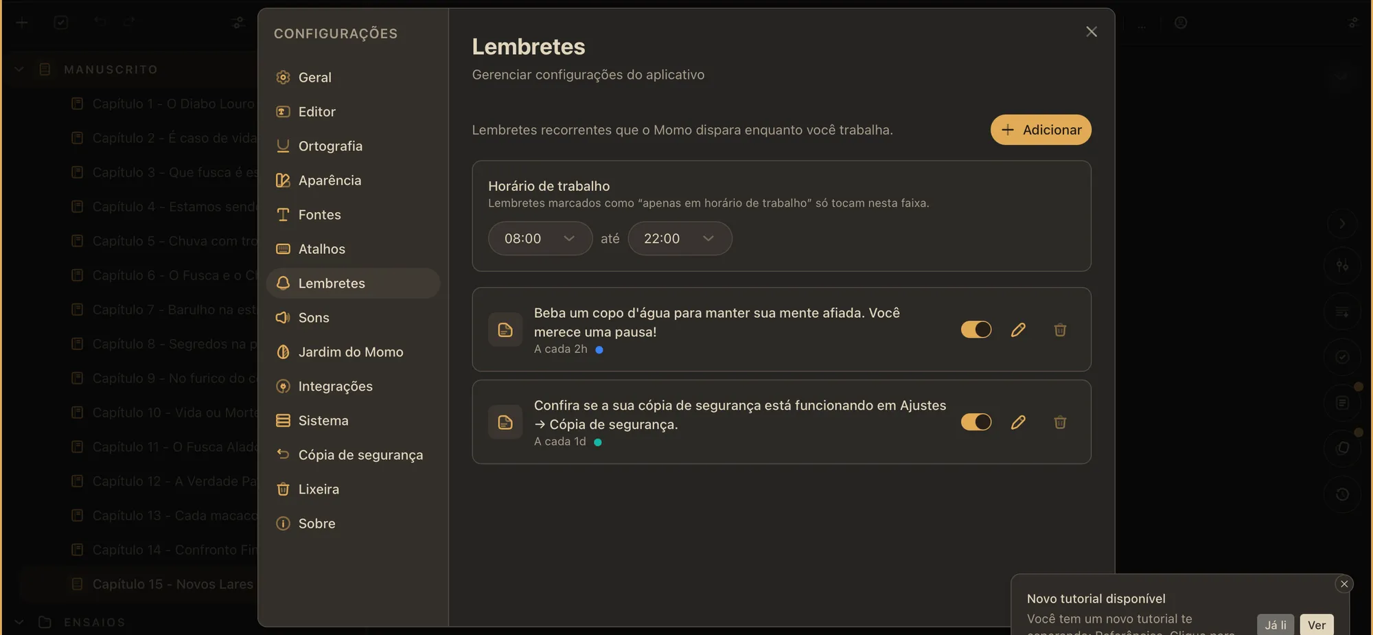 A aba Lembretes das Configurações: o botão Adicionar, o Horário de trabalho de 08:00 até 22:00 e os dois lembretes que vêm com o Momo — beber um copo d'água a cada 2h, com a bolinha azul da borda, e conferir a cópia de segurança a cada 1d —, cada um com interruptor, lápis para editar e lixeira.
