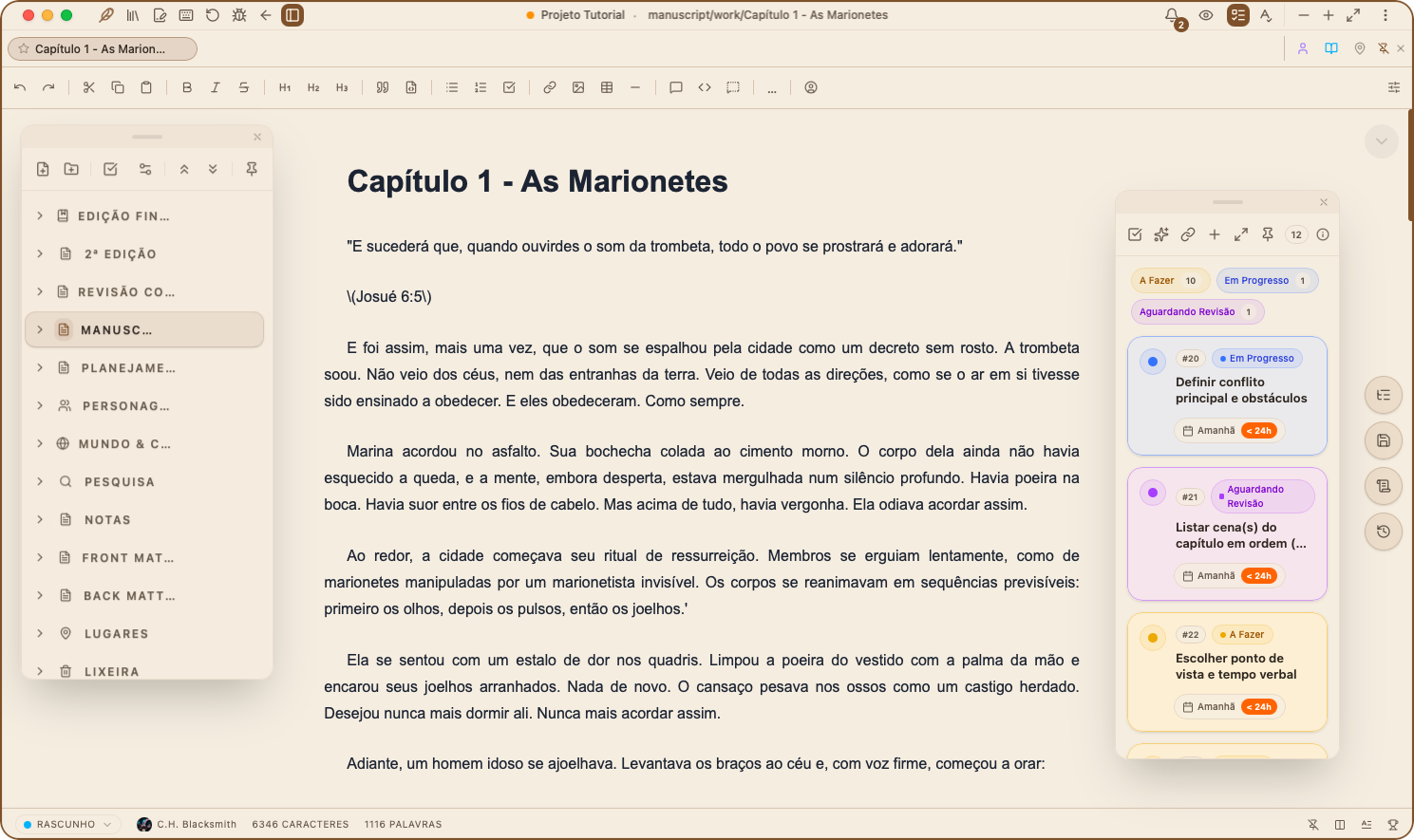 Interface espresso clara do Momo com árvore de capítulos, editor e painel de tarefas de um livro.