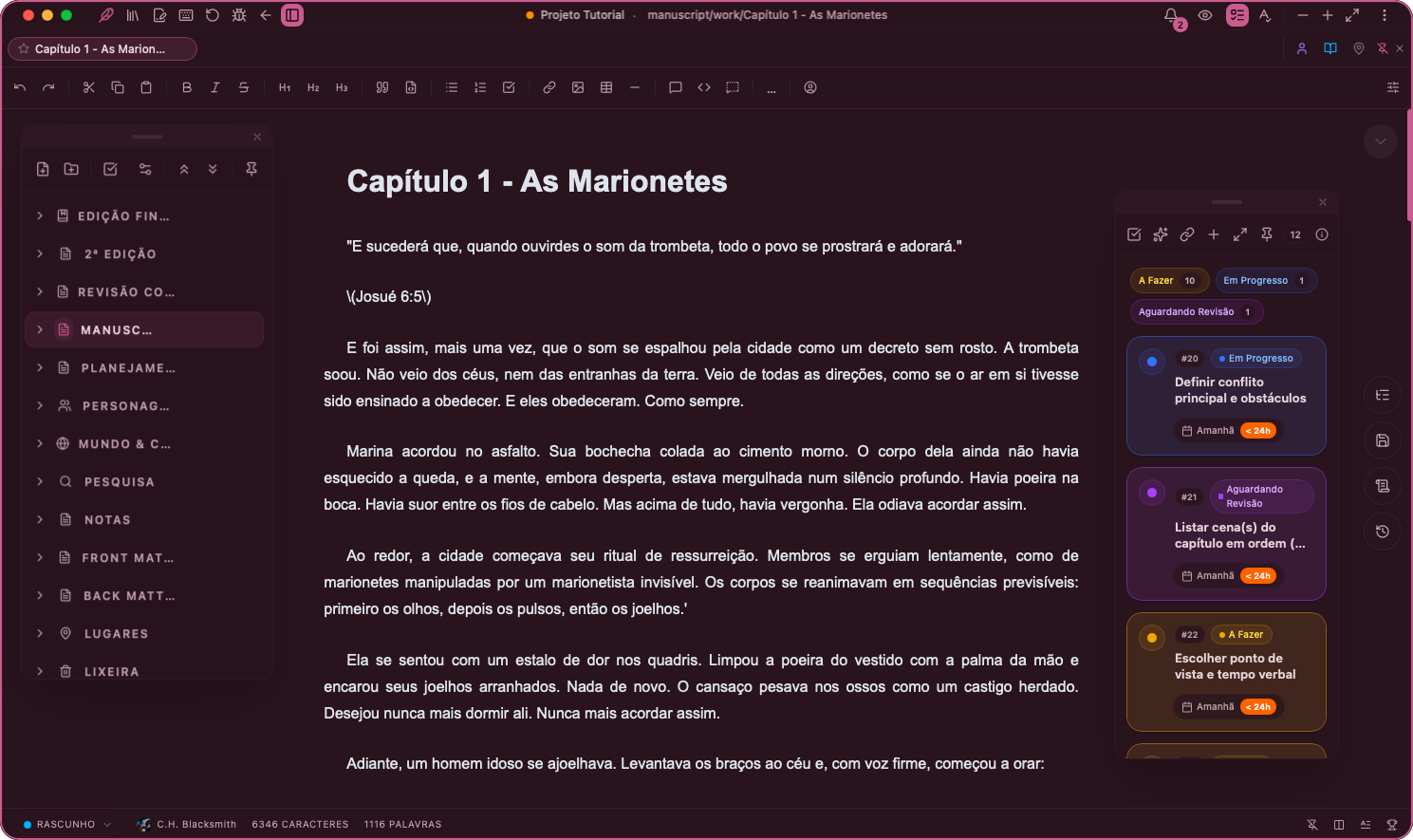 Captura de tela do Momo usando o tema dark pink no editor.