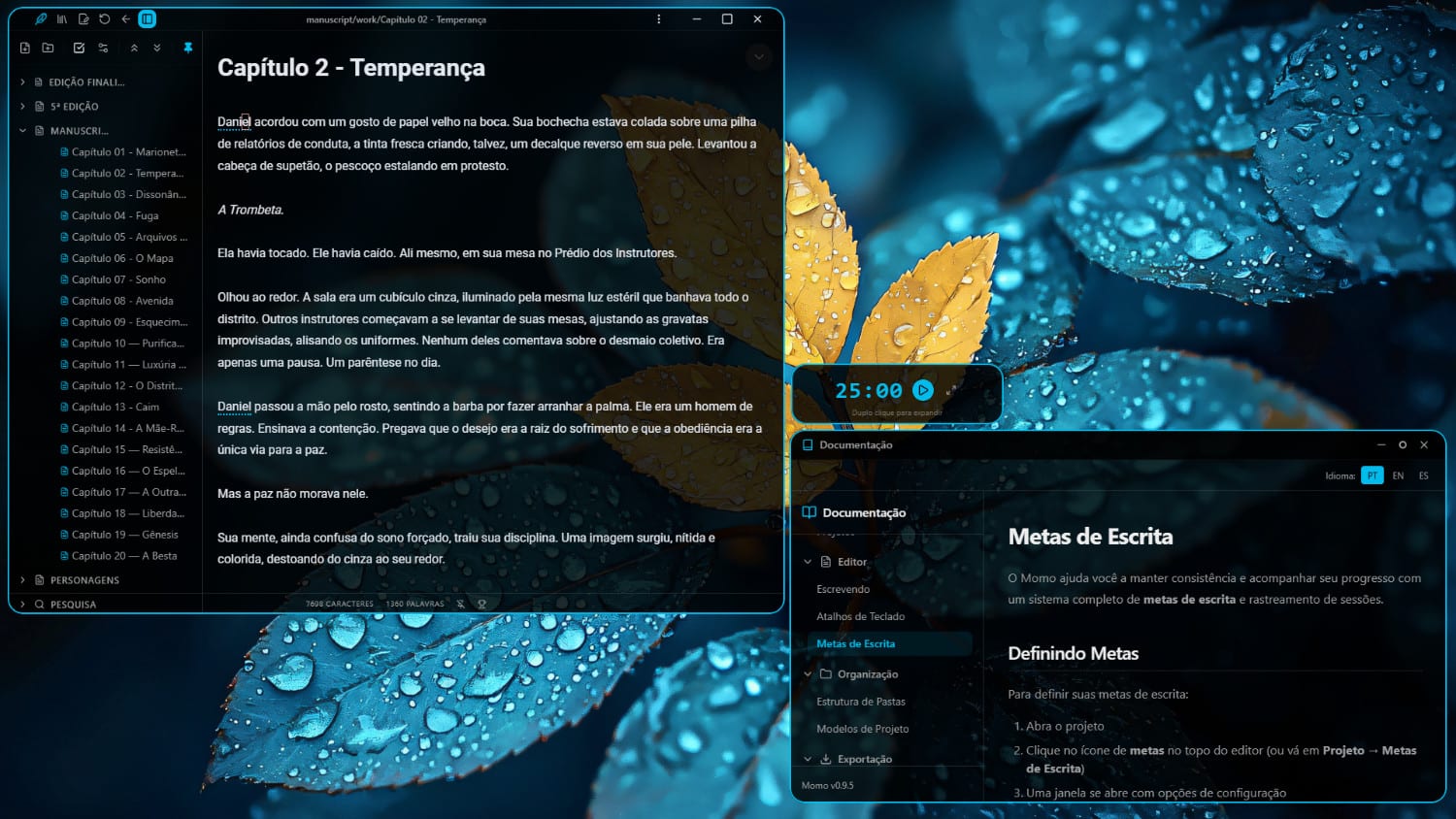Interface transparente azul do Momo para sessões de escrita com foco.