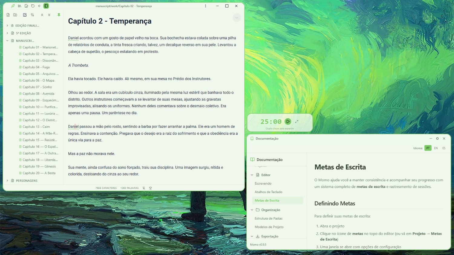 Interface clara do Momo com editor de texto e organização lateral do manuscrito.